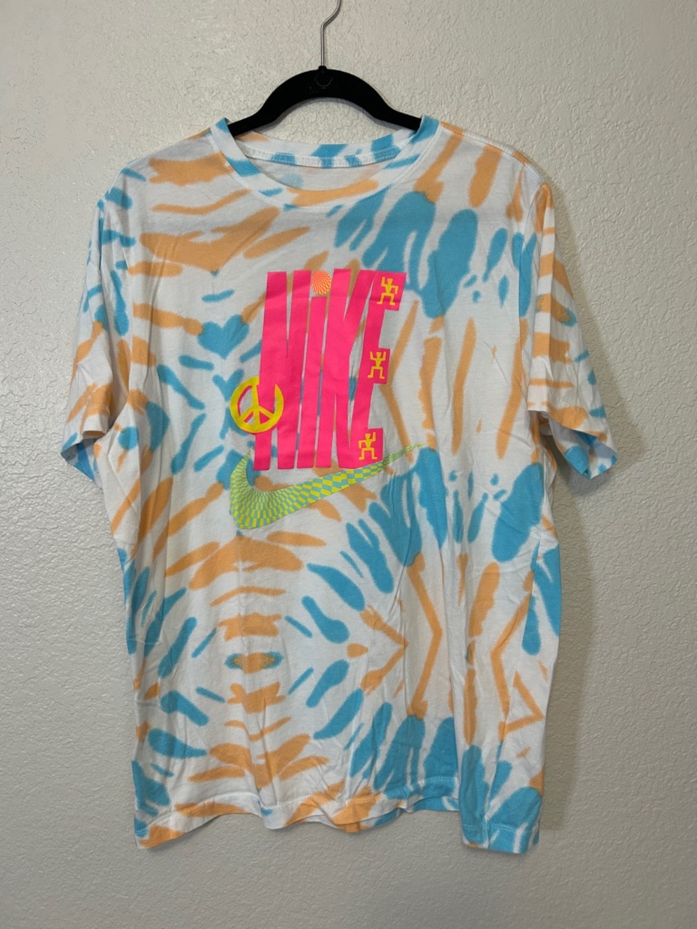 Nike Pink Graphic Tie-Dye Tee with Blue and Orange Accents